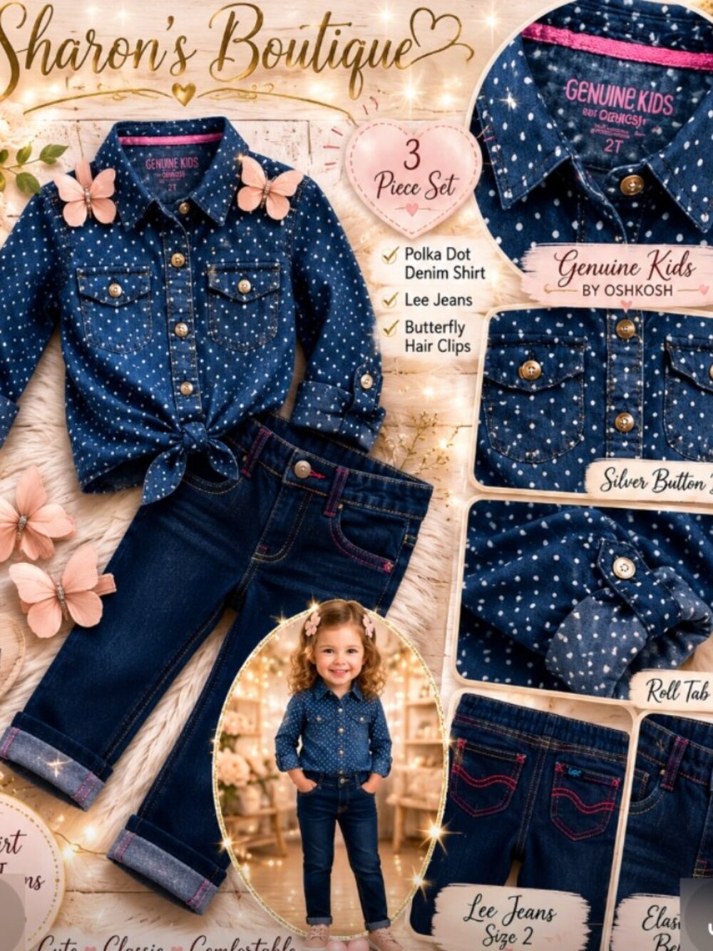 2T Girls Denim Outfit Genuine Kids OshKosh Polka Dot Button Front Shirt Lee Jean